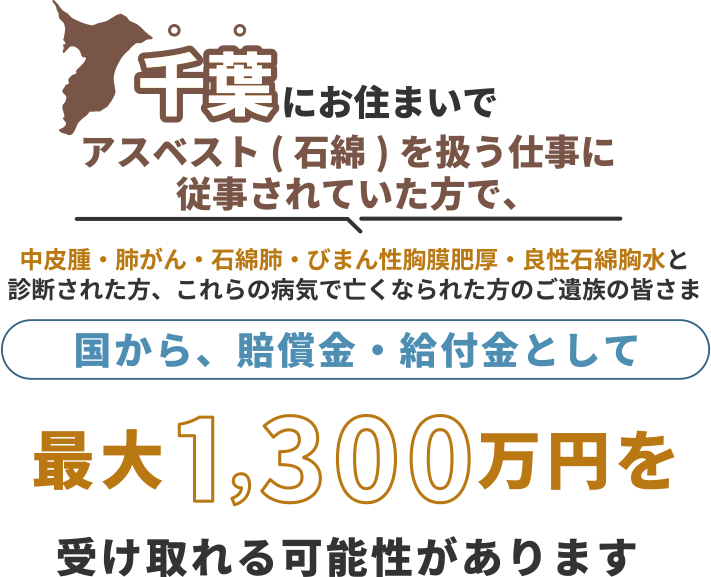千葉にお住まいで、アスベスト（石綿）を扱う仕事に従事されていた方で中皮腫・肺がん・石綿肺・びまん性胸膜肥厚・良性石綿胸水と診断された方、これらの病気で亡くなられた方のご遺族の皆さま 国から、賠償金・給付金として 最大1,300万円を 受け取れる可能性があります